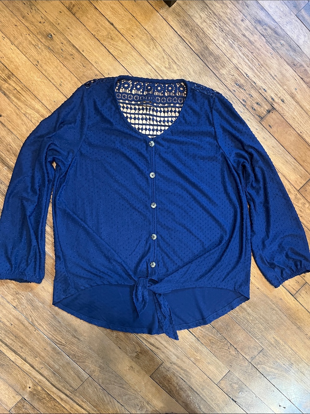 New York Laundry Navy Faux Button-Front Tie Hem Top with Crochet Back
